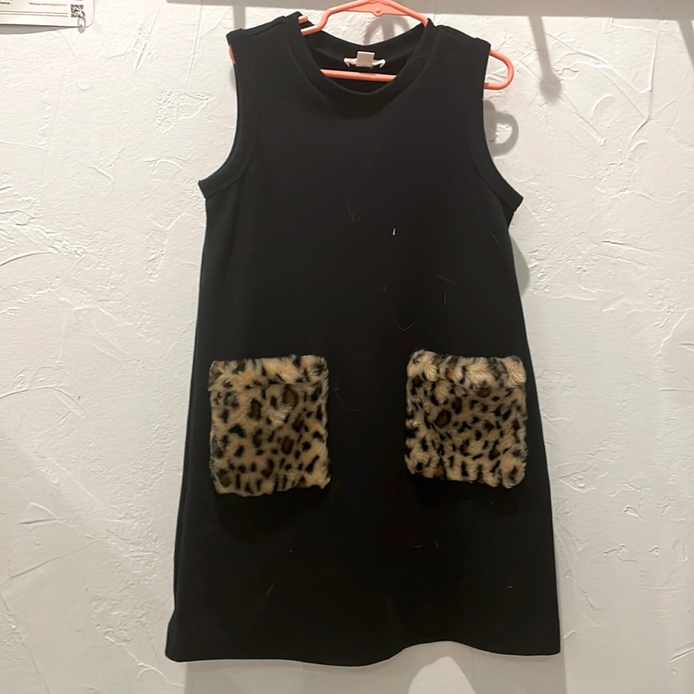 J. crew crewcuts black knit dress with leopard fur pockets girls sz sm (6/7)